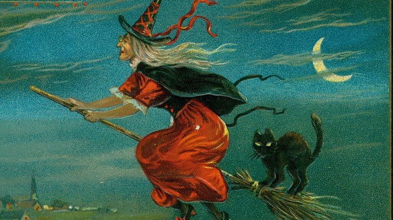 Witch and cat flying on a broomstick