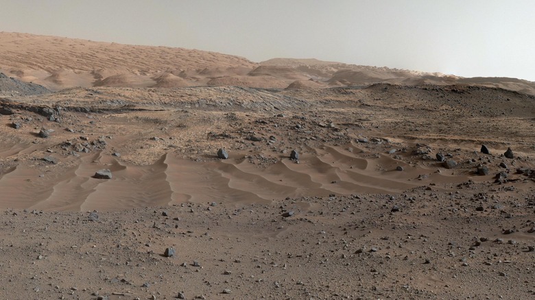 Desert landscape and scattered dark stones on the surface of Mars