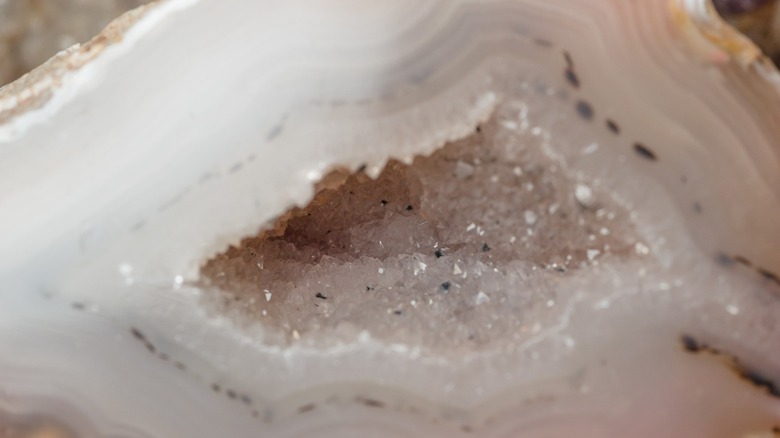Geode with a thick white, banded outer shell and small clear crystals inside