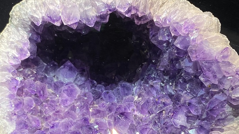 Interior of a bright violet amethyst geode