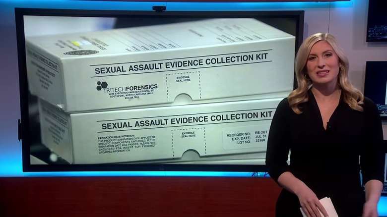 News anchor with image of sexual assault collection kits