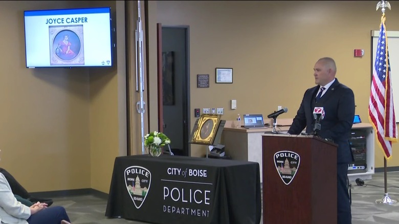 Images of Joyce Casper displayed at a Boise PD press conference