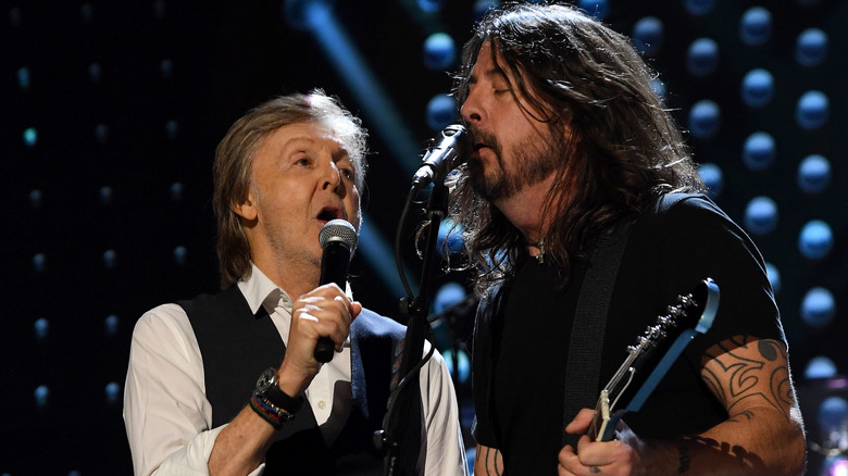 Dave Grohl performing with Paul McCartney