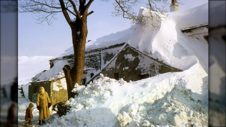 A farm covered in snow during The Big Freeze in 1963