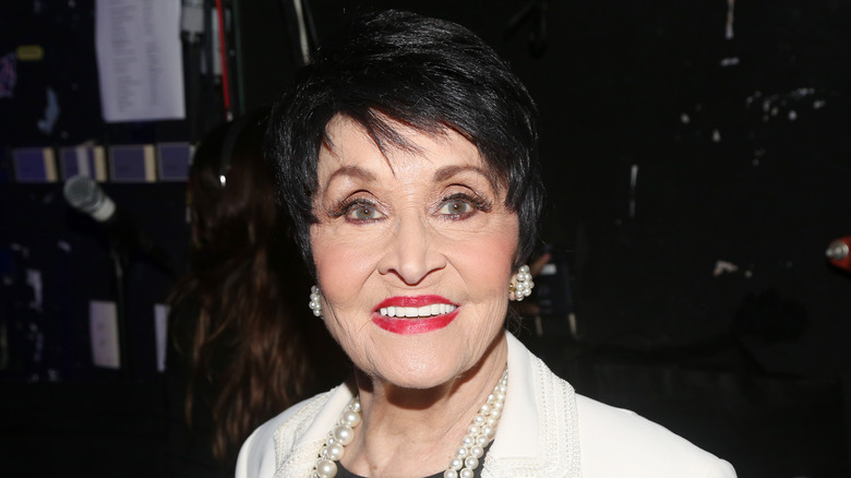 Chita Rivera smiling pearl earrings necklace event