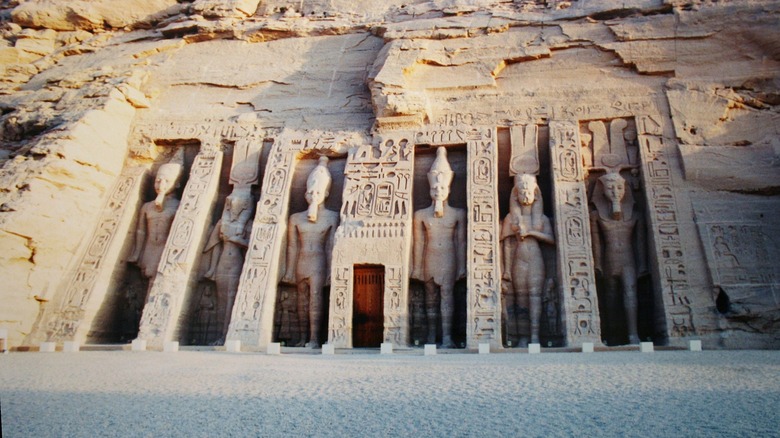 Carved statues and hieroglyphs at Abu Simbel.