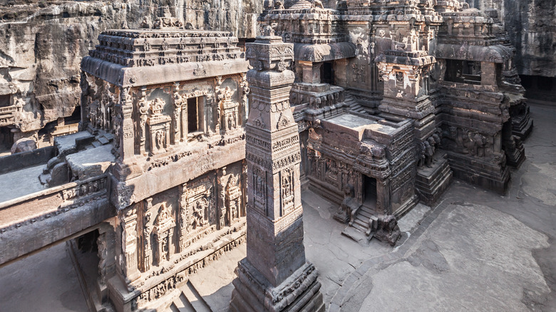 Intricately carved stonework at Kailasa temple.