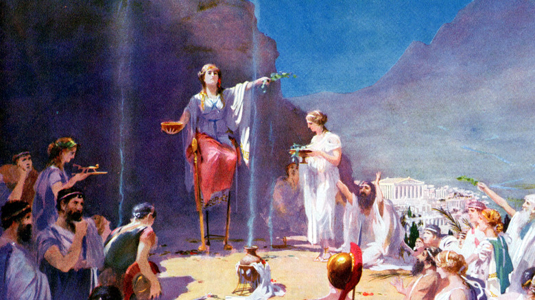painting oracle at delphi levitating among crowd