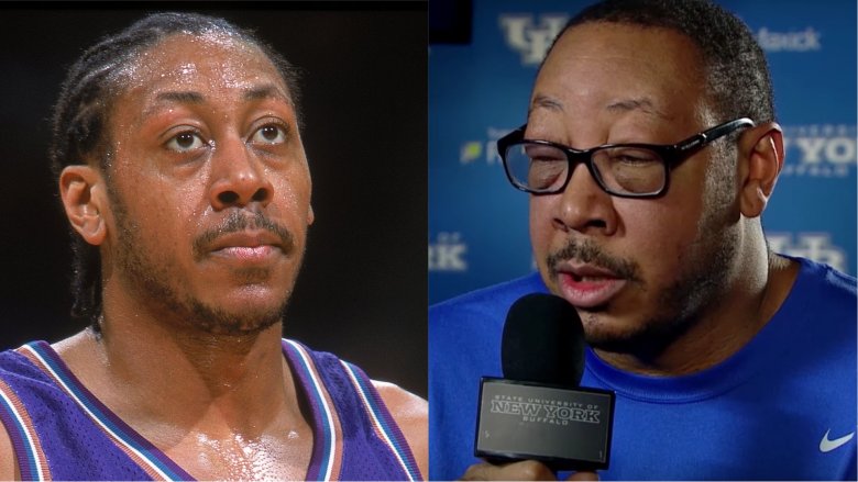 Donyell Marshall sweating basketball jersey and interviewing mic