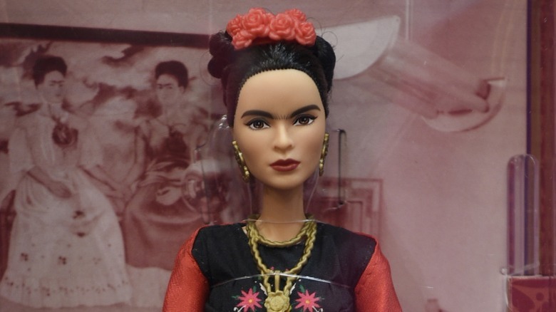 Close-up of a Barbie modeled after Frida Kahlo