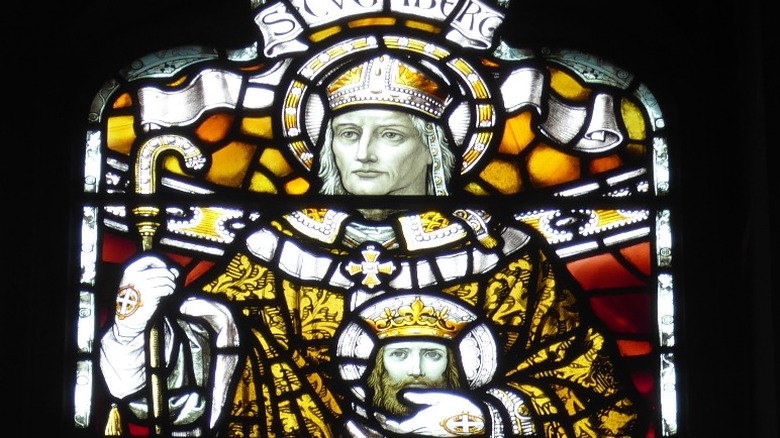 Stained-glass window of Saint Cuthbert crowned