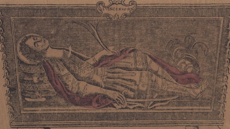 woodcut print of San Vincenzo laying down