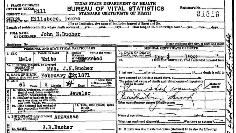 Death certificate of John Bucher