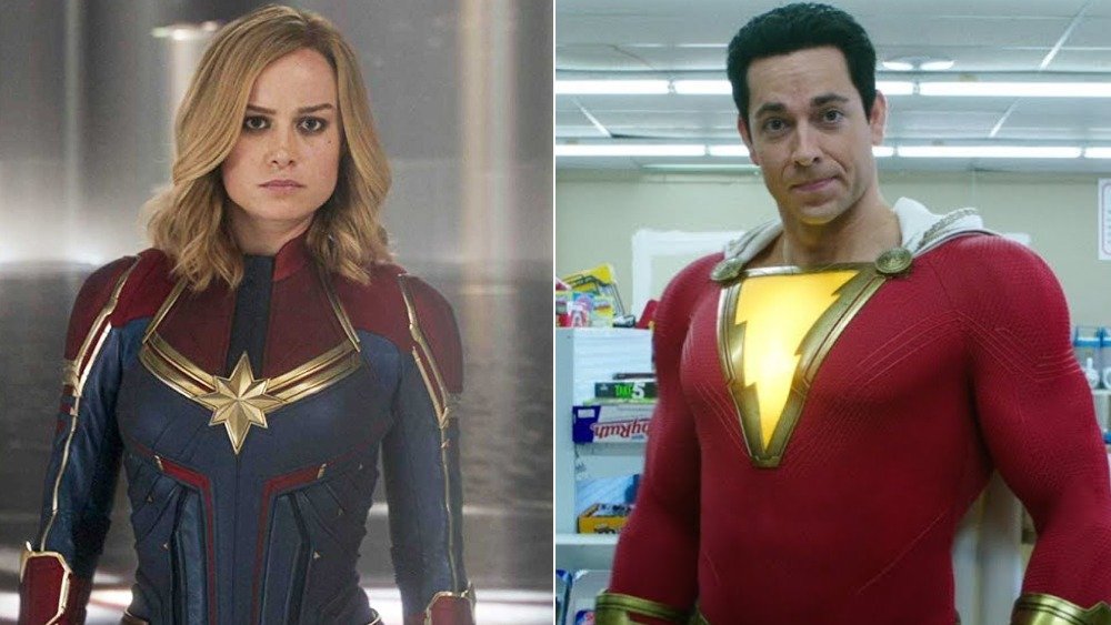 Brie Larson as Captain Marvel, Zachary Levi as Shazam!