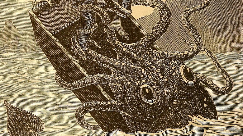 Giant squid attacking man in boat