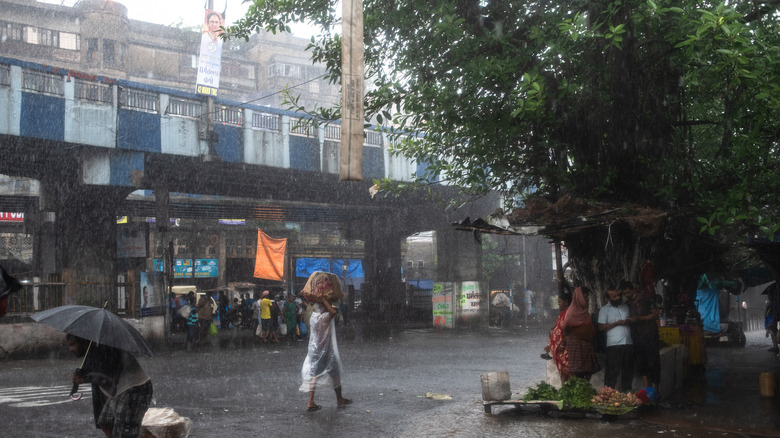 People walking on a flooded street during a downpour in Kolkata
