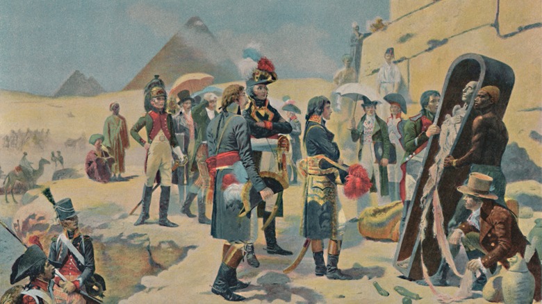 Napoleon Bonaparte in Egypt mummy pyramids and soldiers