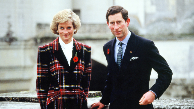 Prince Charles and Princess Diana posing at castle