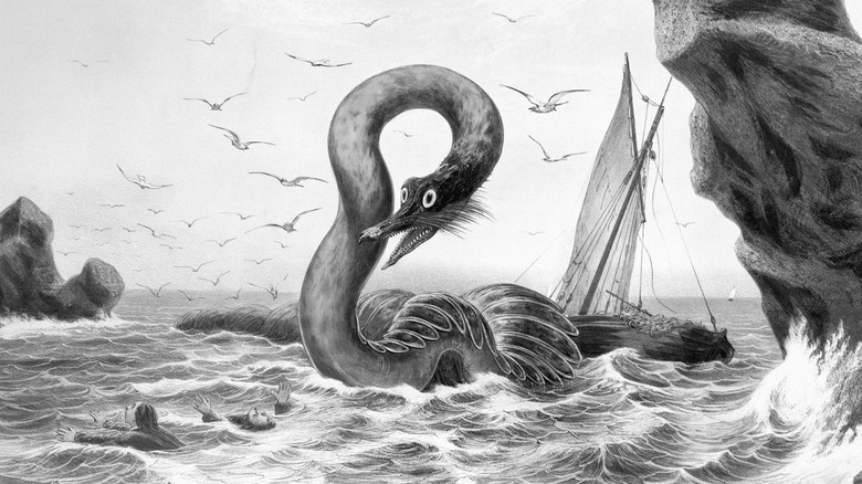 Black and white painting of a sea serpent