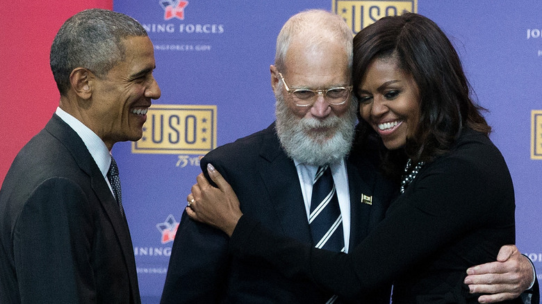 Michelle Obama hugging David Letterman