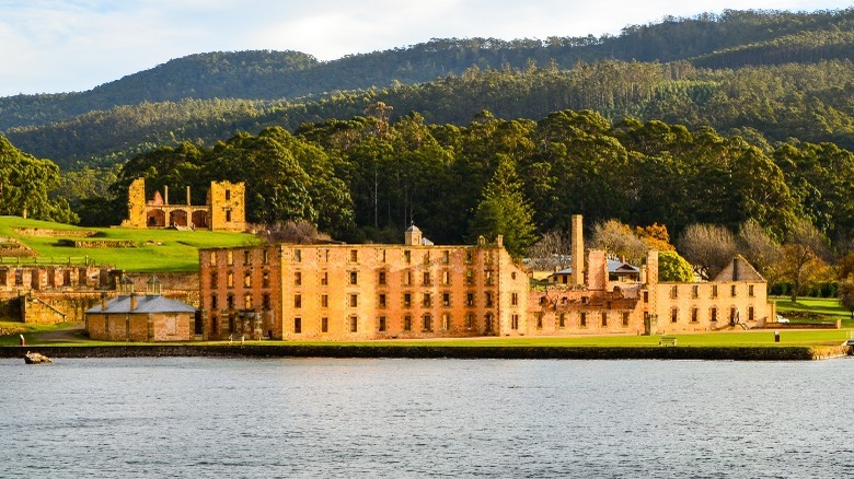 Port Arthur with buildings and green mountains