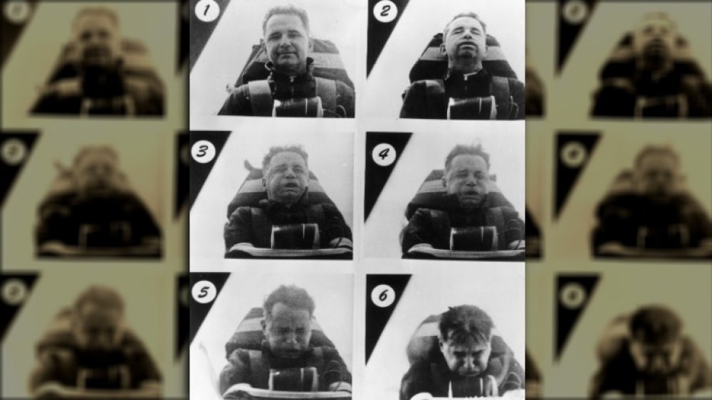 These six photos show Colonel John Stapp (1901 - 1999) enduring the effects of acceleration and deceleration of riding in a rocket-propelled research sled.