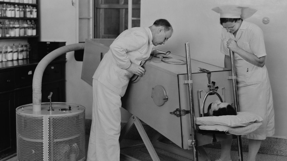 Polio patient in an iron lung at the Scots Mission Hospital in Tiberias, Palestine in March 1940. 