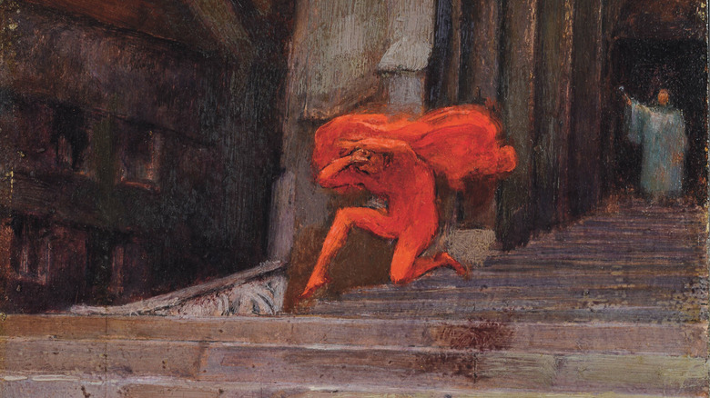 devil chased down stairs painting