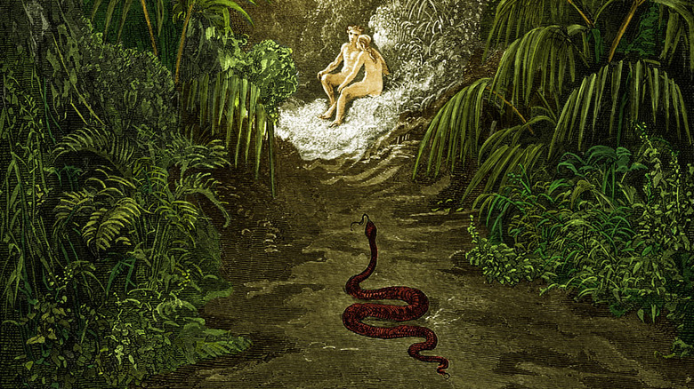 illustration of Adam, Eve, and serpent