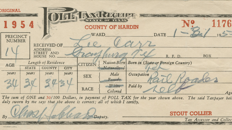 1954 poll tax receipt from Texas