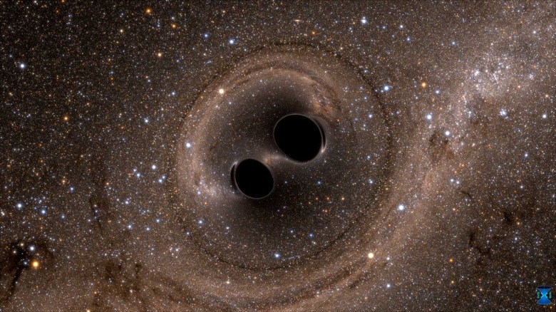 A pair of black holes falling inwards distorting starfield