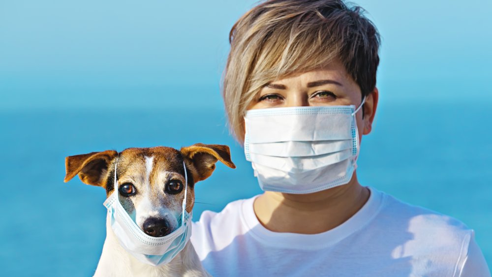 woman and dog wearing facemasks