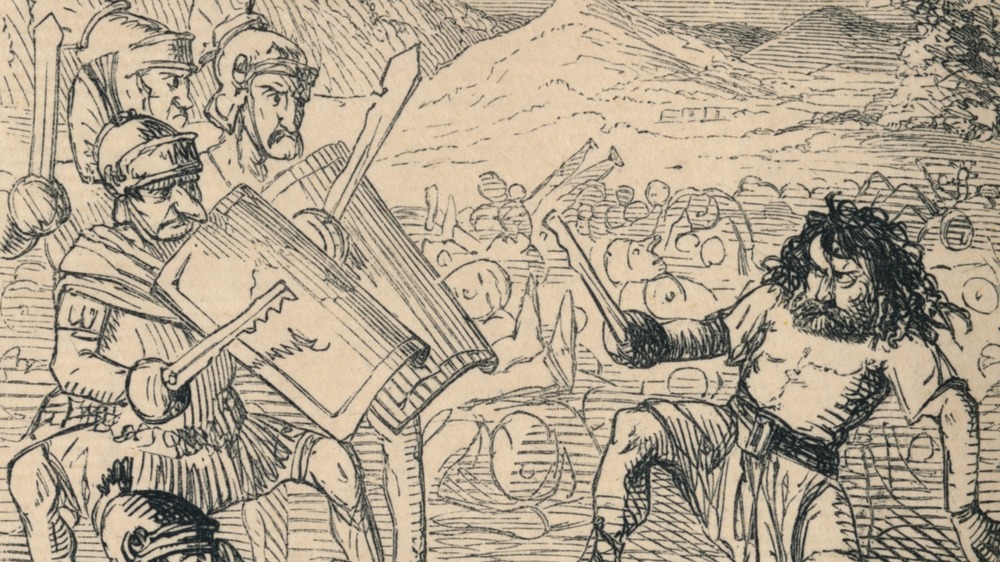 19th-century cartoon of Spartacus fighting Roman soldiers