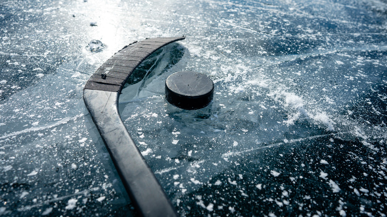 Stick and puck on frozen lake