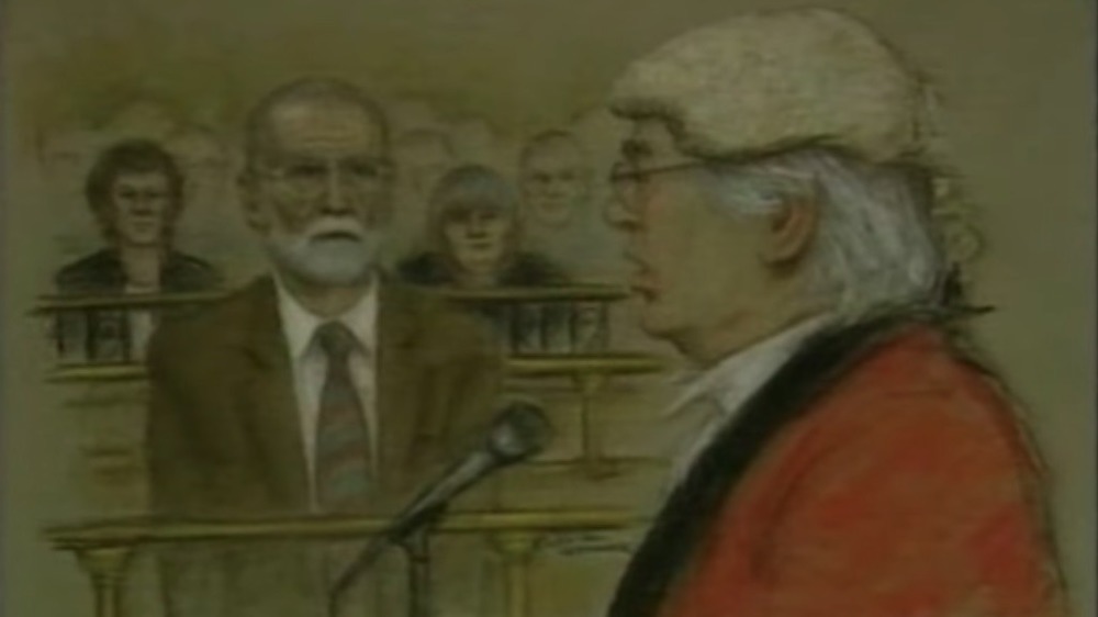 drawing of Harold Shipman in court being spoken to by the judge