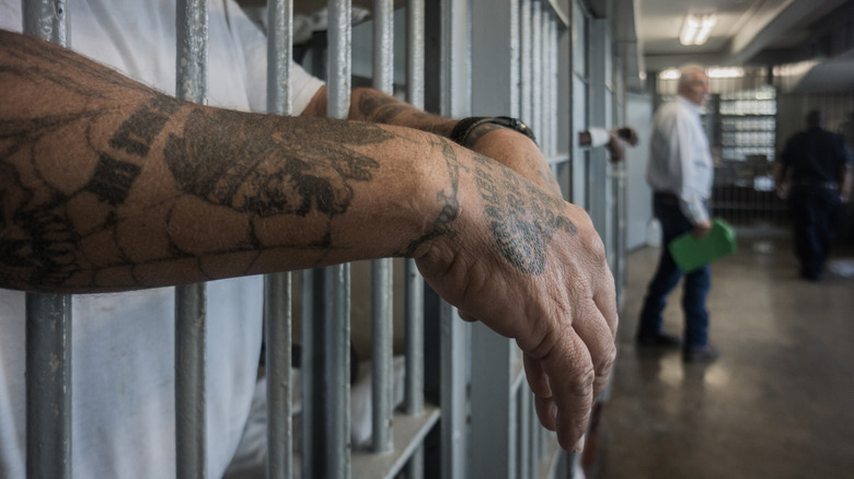Tattooed inmate hands outside bars