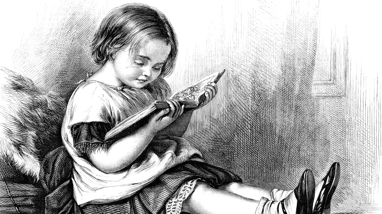 Illustration of young child reading book