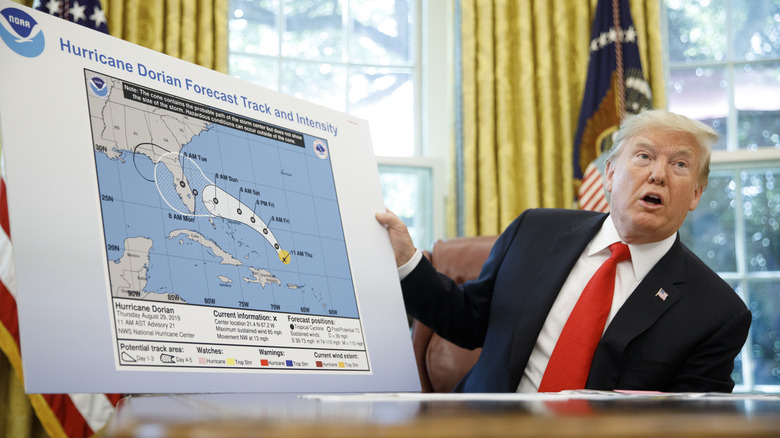 Donald Trump with doctored hurricane map