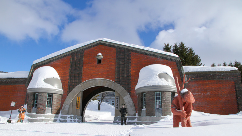 Brick entrance to old Abashiri Prison, Hokkaido, Japan in winter