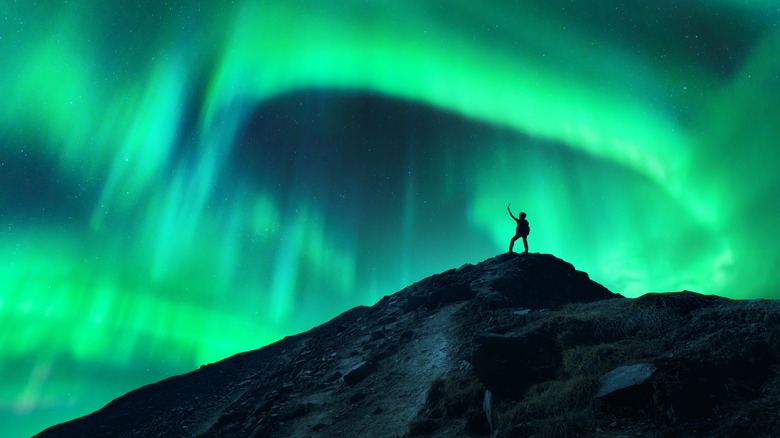 Human surrounded by auroras