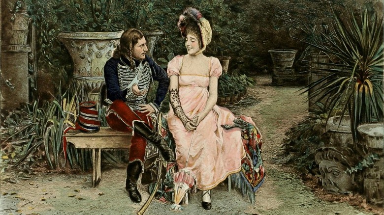 painting of early 19th-century scene of soldier and woman sitting on bench in garden 