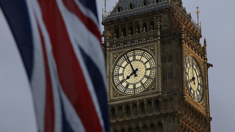 British flag hangs before Big Ben