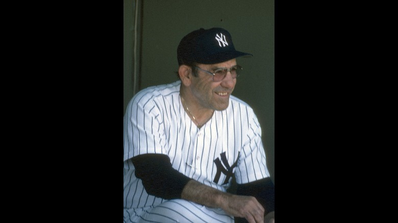 Yogi Berra smiling Yankees uniform