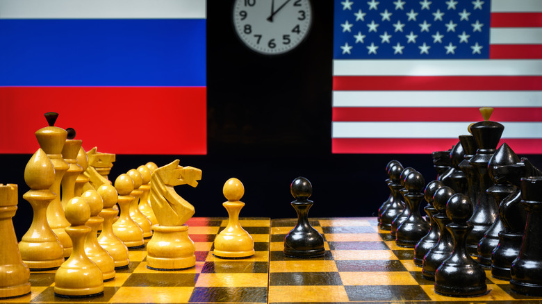Chessboard w/Russian and American flags