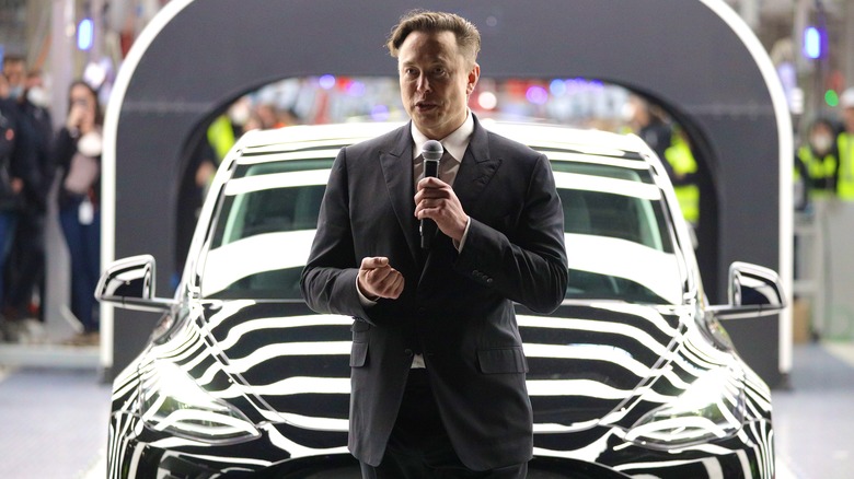 Elon Musk in front of a Tesla car