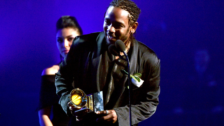 Kendrick Lamar accepting 2018 Grammy Award