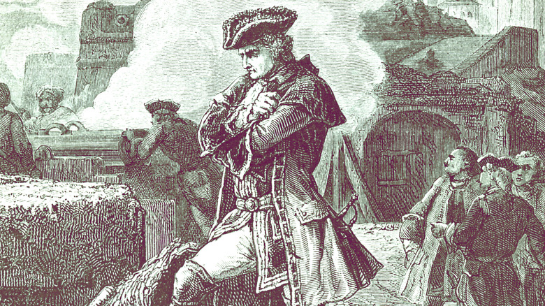 engraving of man standing with crossed arms during war