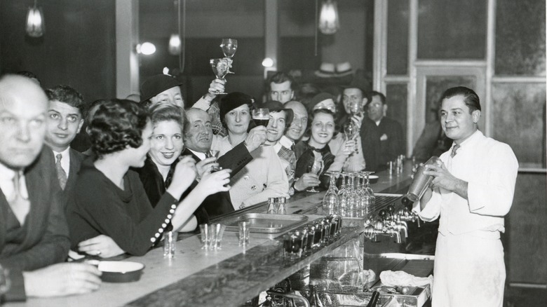 crowd drinking in bar after Prohibition