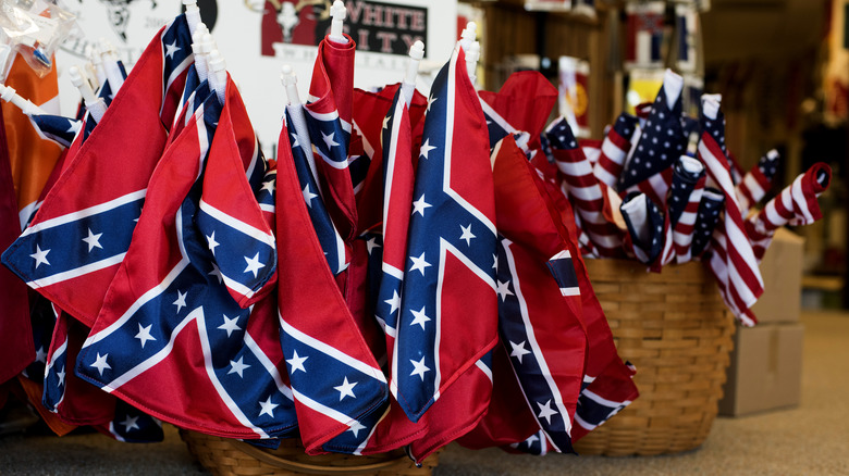 Bins of confederate and American flags