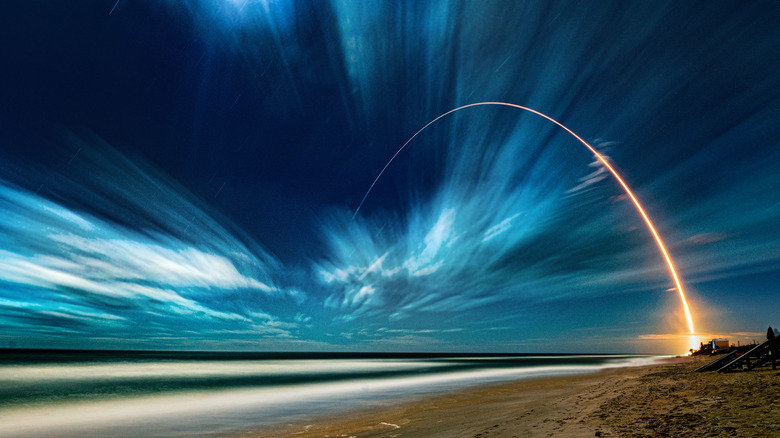 Long exposure photo of a rocket launch,